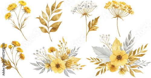 Collection of yellow flowers and leaves on white background