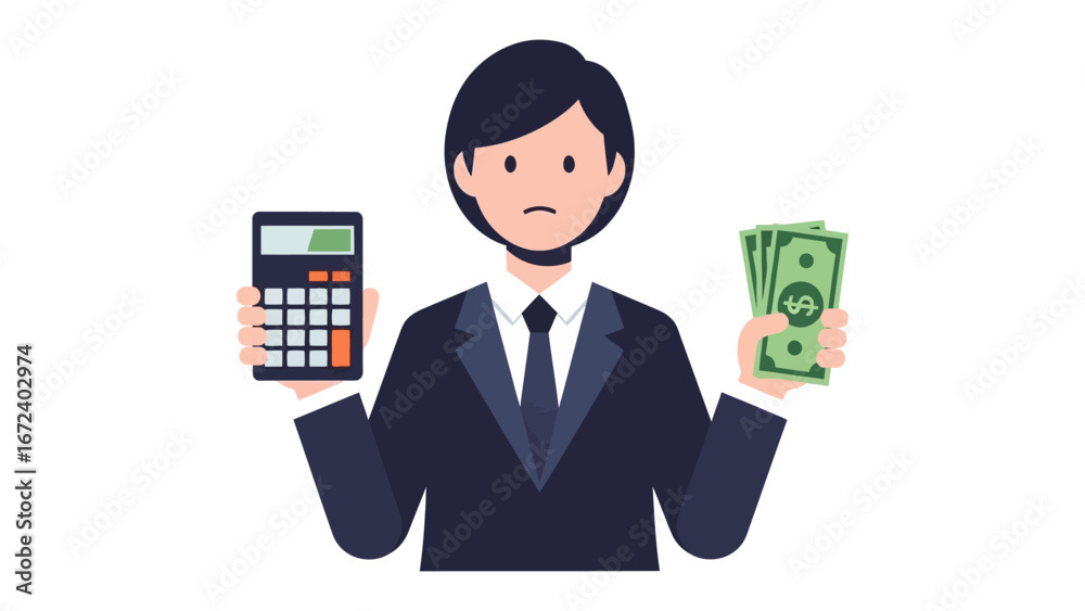 Financial Decisions: A businessperson in a suit ponders over financial decisions, holding a calculator and cash, in a flat-style illustration symbolizing cost analysis. Financial Decisions: A businessperson in a suit ponders over financial decisions, holding a calculator and cash, in a flat-style illustration symbolizing cost analysis.