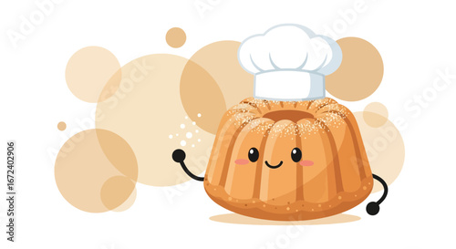 Adorable Cartoon Cake Character Wearing a Chef Hat Sprinkling Powdered Sugar