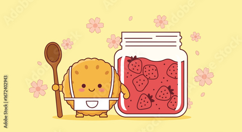 Adorable Cartoon Character Baking Freshly Made Goods With Strawberry Jam and Cute Aesthetic