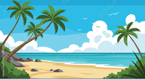 A serene beach scene with palm trees and a blue sky