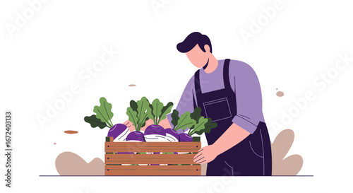 Agricultural Worker Harvesting Fresh Produce From Wooden Crate For Healthy Food Supply