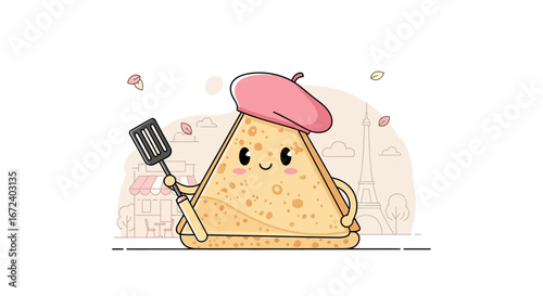 Adorable Cartoon Crepe Chef with a Pink Beret in a Parisian Setting