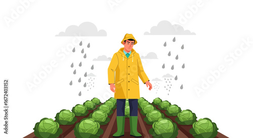 Agricultural Worker Examining Crops In Rainy Conditions During Harvest Season
