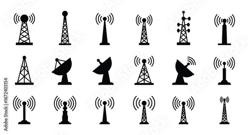 Collection of various communication tower and antenna silhouettes on white background