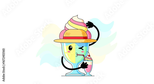 Adorable Cartoon Ice Cream Sundae Smiling And Holding Small Milkshake In Hand