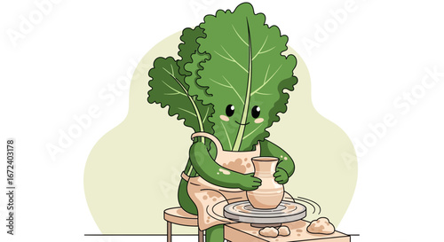Adorable Cartoon Kale Character Sculpting Clay Pot on Pottery Wheel with Cute Expression