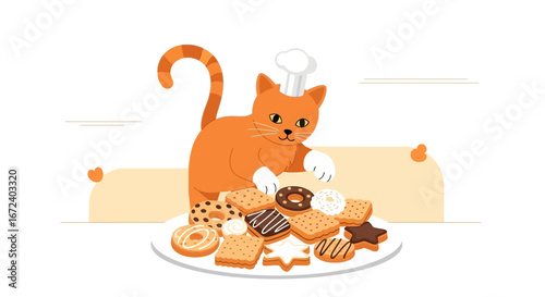 Adorable Cat Chef Presenting a Plateful of Delicious Biscuits and Donuts Sweets