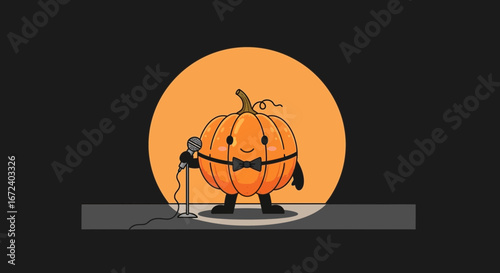 Amusing Comedian Pumpkin Entertaining a Crowd on Stage for Fall Celebrations