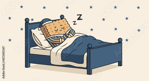 Amusing Illustrated Image of Biscuit Character Enjoying a Peaceful Slumber in Bed