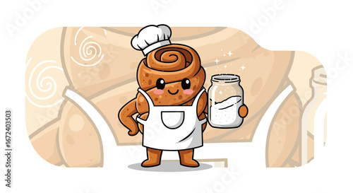 Adorable Cinnamon Roll Chef Preparing Dessert With Sugar For Culinary Creation