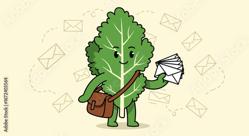 An Animated Leaf Character Delivering Mail, Friendly Cartoon Design with Envelopes