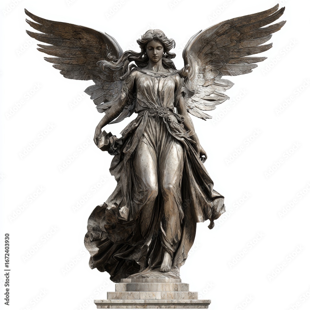 Fototapeta premium A majestic sculpture of an angel with outstretched wings, embodying grace and strength. The detailed craftsmanship showcases the angel's beauty and serene expression