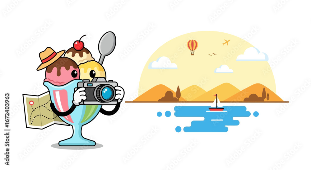 Fototapeta premium An Ice Cream Sundae Takes Pictures On Vacation Representing Summer Adventures and Memories