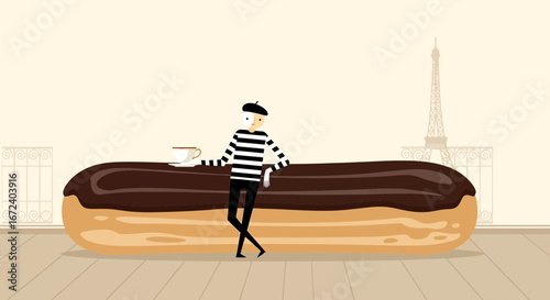 An Elegant French Mime With Coffee Posing Beside an Oversized Delicious Chocolate Eclair