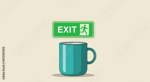 An Exit Sign Above A Coffee Mug Depicts Escape From Daily Routine For Relaxation