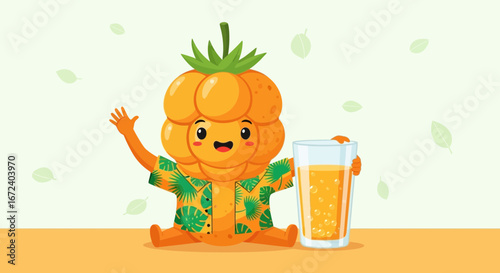 Adorable Fruit Character Holding Drink Inviting to Refreshing Experience Always