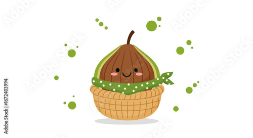 Adorable Fruit Character Resting Inside Woven Basket With Cute Face And Smile