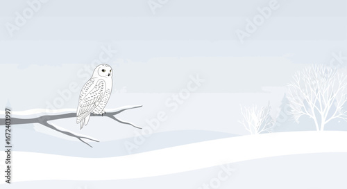 An Illustrative Image of a Snowy Owl Perched on a Branch, Winter's Elegance Reflected