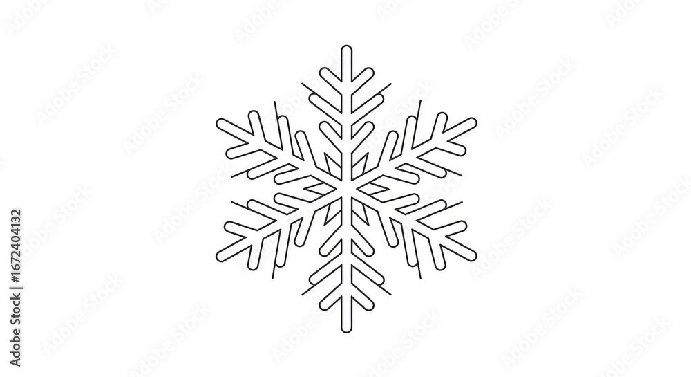A simple line art illustration of a six-pointed snowflake, symbolizing winter and cold weather. A simple line art illustration of a six-pointed snowflake, symbolizing winter and cold weather.