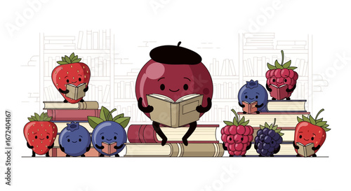 Adorable Fruit Friends Immersed In Knowledge: A Delightful Literary and Educational Scene