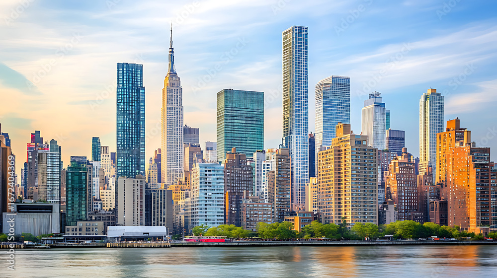 Fototapeta premium vibrant sunset over modern city skyline and airplane high resolution picture