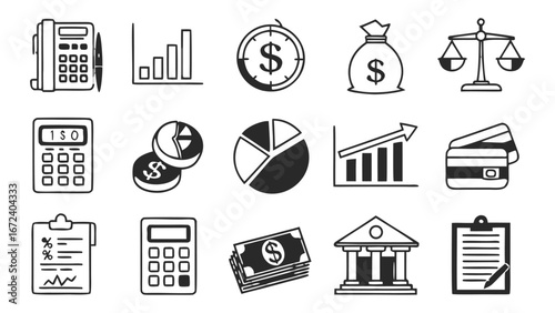 Black and White Accounting Vector Icon Set – Minimal Line Icons for Finance, Bookkeeping, and Business Design