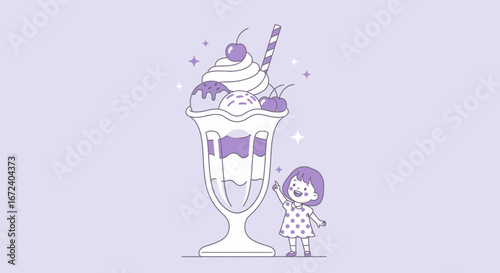 Adorable Girl Admiring Large Ice Cream Sundae Delightfully Illustrated with Simple Lines