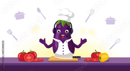 Animated Aubergine Chef Prepares Culinary Delights and Guides with Digital Assistance