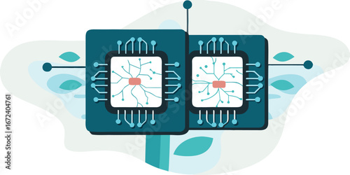 Artificial Intelligence Chip Concept. Vector cartoon illustration of microprocessor circuits representing machine learning, neural networks, and smart computing.