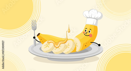 Animated Banana Chef Serving Dessert with Honey Drizzled On Sliced Pieces for Foodies