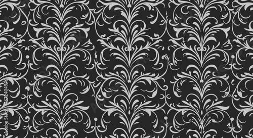Elegant silver damask seamless pattern with floral swirls on a black background. Ornate vintage baroque vector illustration for wallpaper and textile design
