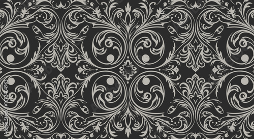 Elegant seamless ornate damask pattern in a classic style on a dark background, perfect for luxurious decorative projects and vintage designs