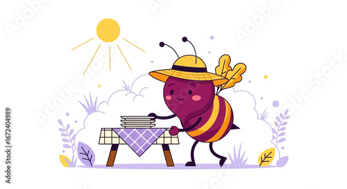 Animated Bee Preparing Picnic, Delivering Dishes, Under Sunshine, Cartoon Graphics, Vector