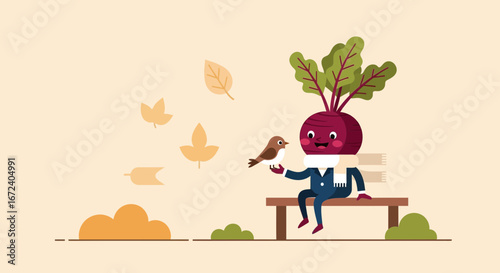 Animated Beet Character Befriending a Bird on a Bench During Fall Season