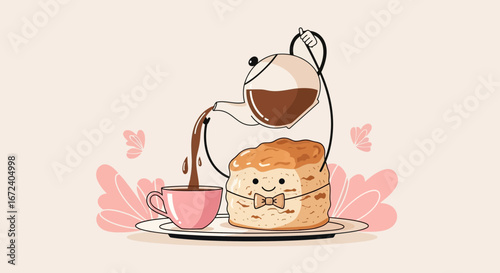 Adorable Illustration Of A Coffee Pouring Into Cup Alongside Smiling Pastry