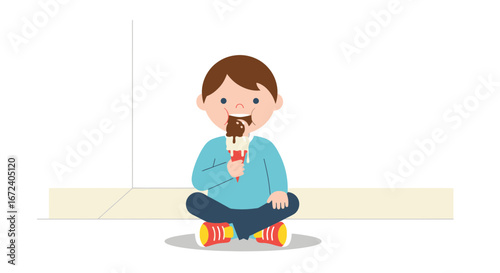 Adorable Kid Eating Ice Cream While Sitting On Floor In A Delightful Illustration