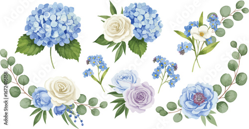Watercolor floral arrangement with hydrangeas roses and eucalyptus leaves