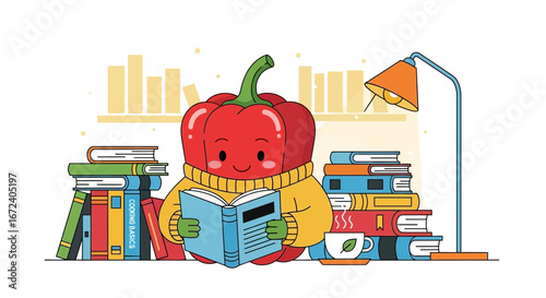 Animated Bell Pepper Reads Books, Surrounded by Literature, Under a Warm Lamp