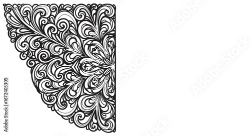 Ornate and elegant monochrome swirling pattern, forming a decorative half-mandala motif perfect for intricate graphic design projects and sophisticated artistic backgrounds