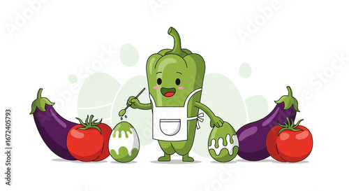 Adorable Pepper Chef Decorating Easter Eggs With Various Vegetables and Fruits