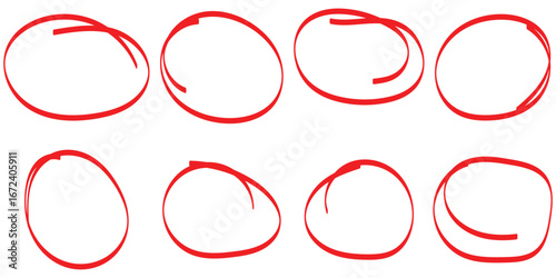 Highlight hand drawing different circles. Handwritten red circle For marking text, numbers, marker pen, pencil, logo, hand-drawn doodle grunge circle highlights. Vector marker circle line