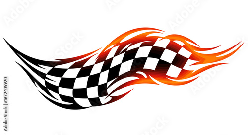 Dynamic graphic illustration of a fiery checkered flag design, perfect for high-speed racing themes, competitive sports events, embodying speed and victory