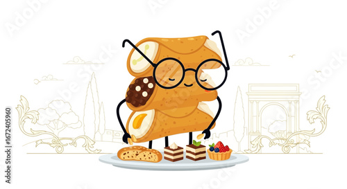 Animated Cannoli Character Holding Desserts In Front Of Italian-Themed Scenery