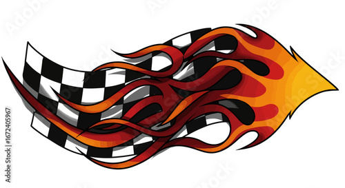 Fiery Finish Line Racing Flag and Flames Design - Vector Illustration