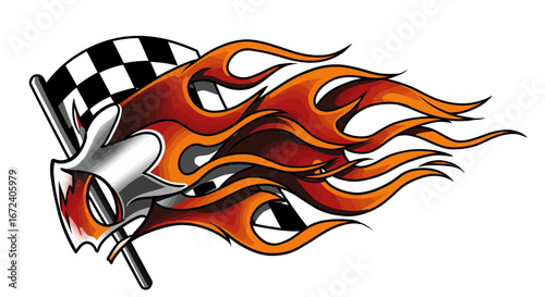 Dynamic Fiery Racing Flag Graphic Design Illustration Symbolizing Speed, Competition, and Adrenaline-Fueled Victory for Sports Events