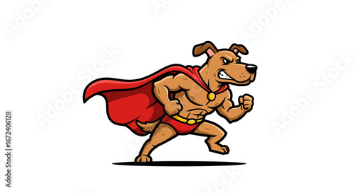 Strong Superhero Dog Character with a Red Cape and Muscles Flexing His Biceps