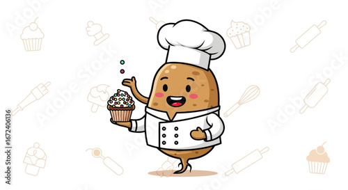 Adorable Potato Chef Presenting a Delicious Cupcake: A Culinary Cartoon Delight