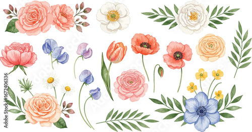 a collection of watercolor flowers and leaves in pastel colors on white background