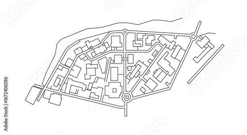 Architectural site plan of a complex urban environment with roads and buildings.